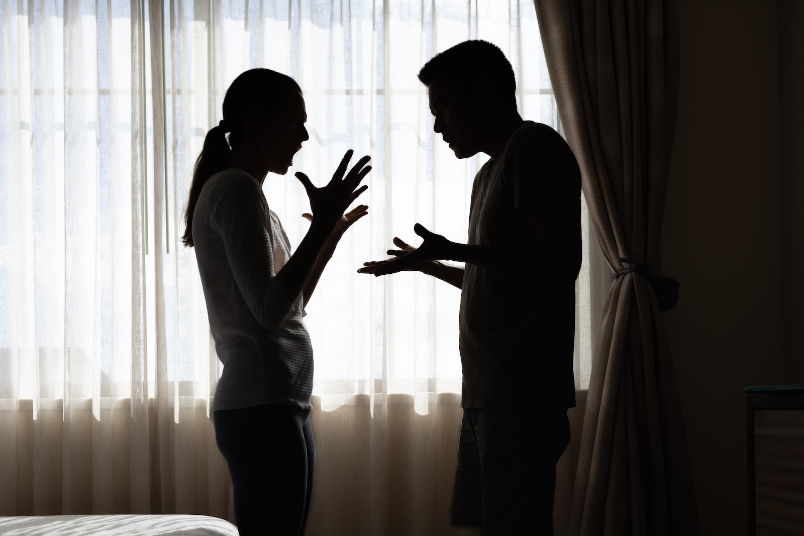 Silhouettes of a woman and a man stand facing each other, gesturing with their hands as if in a heated argument, in a room with sunlight streaming through sheer curtains.