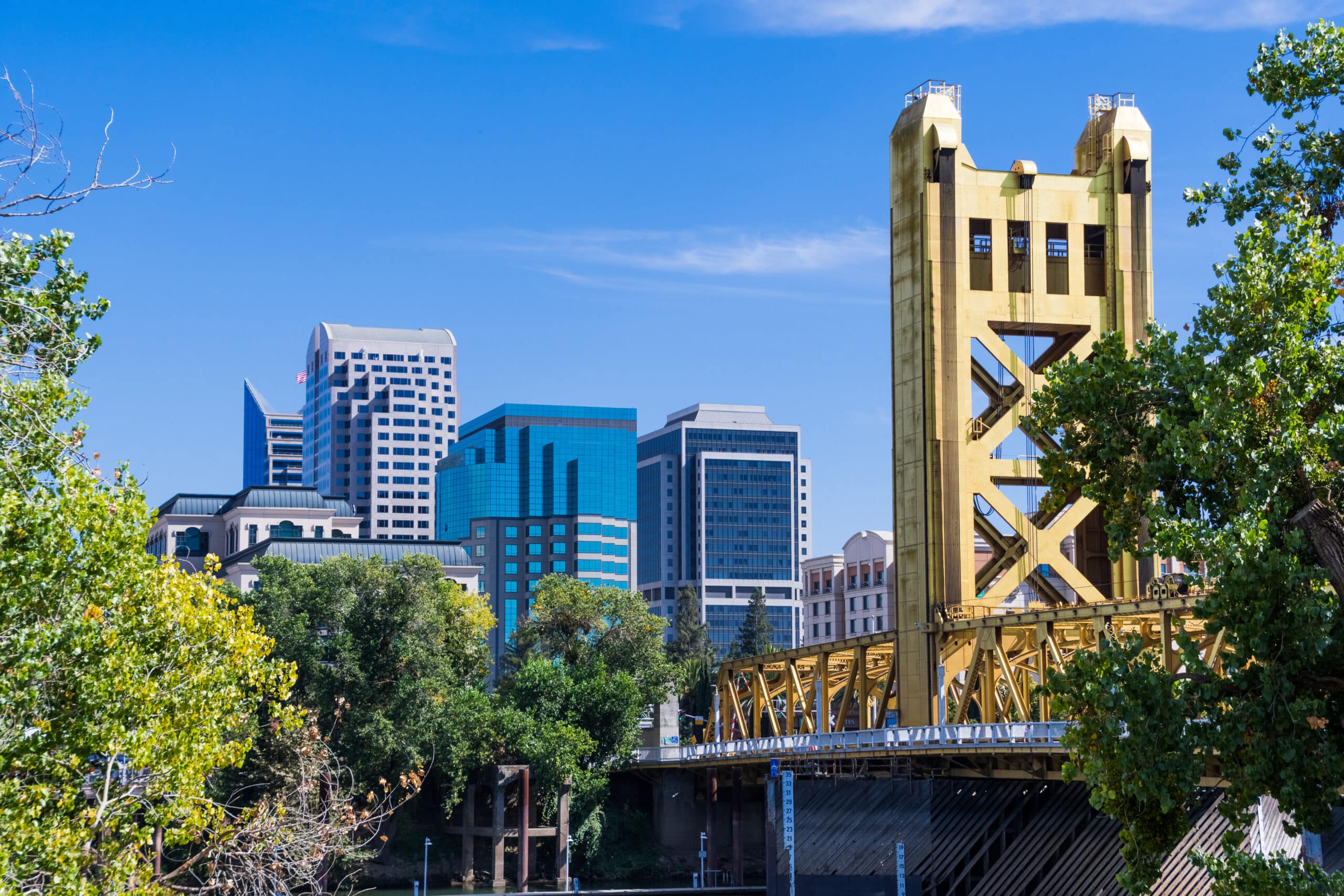 A bright yellow metal bridge tower rises among green trees, with a backdrop of modern downtown skyscrapers against a clear blue sky.