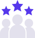 Three silhouettes of people are shown, with the central figure larger than the others. Three purple stars are positioned above their heads, suggesting leadership or excellence.