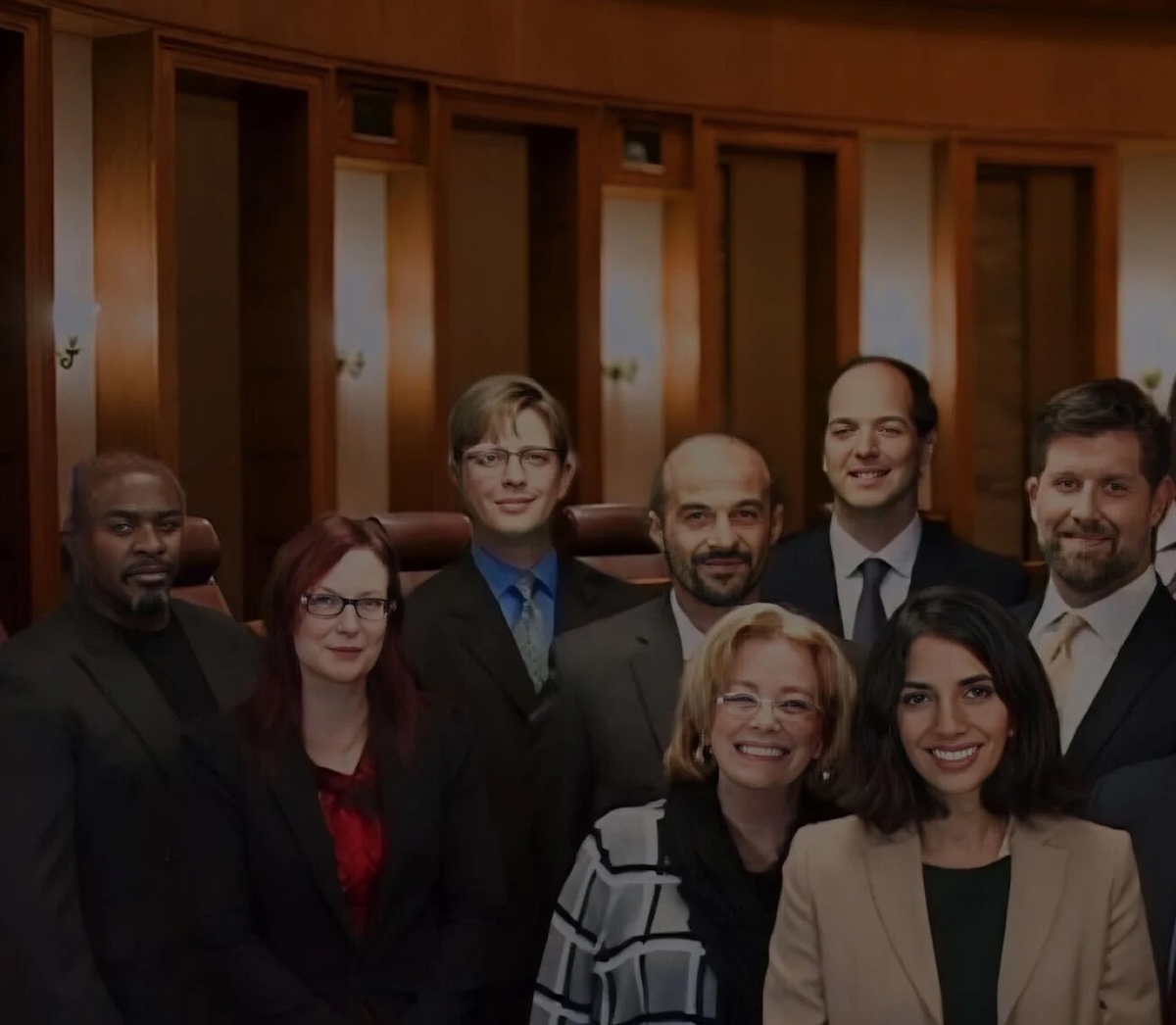 A group of nine professionally dressed people stand together in a wood-paneled room, smiling at the camera. The background suggests a formal or official setting, such as a courtroom or council chamber.
