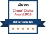 Avvo Clients Choice Award 2018 badge with five orange stars and the name Rabin Nabizadeh displayed in a blue ribbon.