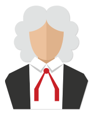 Illustration of a person with gray, curly hair wearing a black judicial robe, a white shirt, and a red necktie, resembling a judge or legal professional.