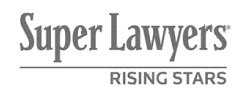 Gray logo with the words Super Lawyers above a horizontal line, and Rising Stars written below the line.