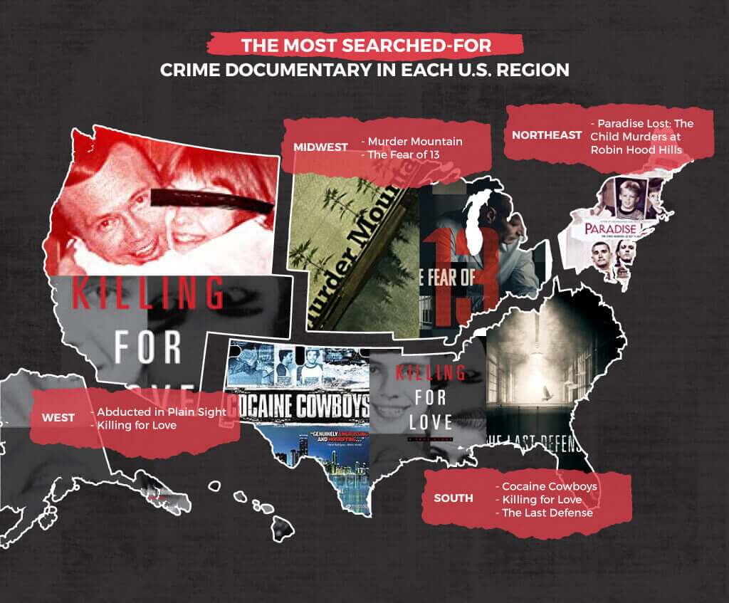 most searched true crime docs region map