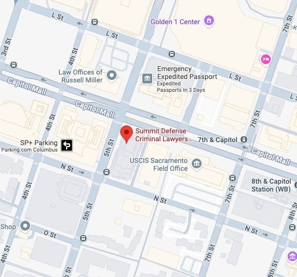 A map showing the location of Summit Defense Criminal Lawyers near 7th and Capitol Mall in Sacramento, California, with nearby landmarks including the USCIS Sacramento Field Office and Emergency Expedited Passport office.