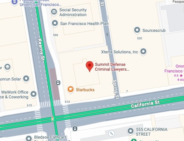 A map showing the location of Summit Defense Criminal Lawyers near California St and Kearny St in San Francisco, with nearby businesses including Starbucks and the Social Security Administration.