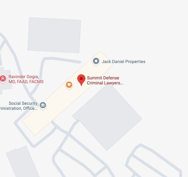 A simple map showing the location of Summit Defense Criminal Lawyers, with nearby points labeled Jack Daniel Properties, Ravinder Gogia, MD, and the Social Security Administration office.